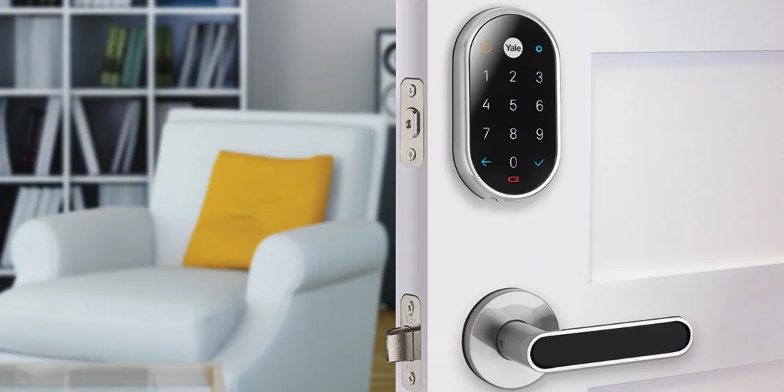 Technician installing smart door lock on residential door in Trussville AL