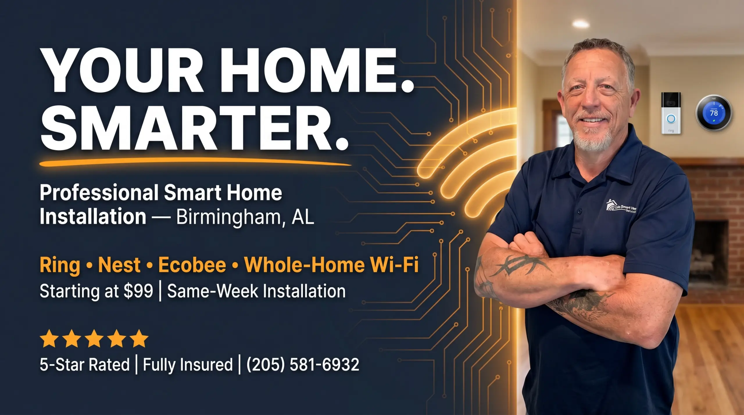 Bobby Cole - Smart Home Installation Birmingham AL - Ring, Nest, Ecobee, Whole-Home Wi-Fi starting at $99, 5-star rated and fully insured