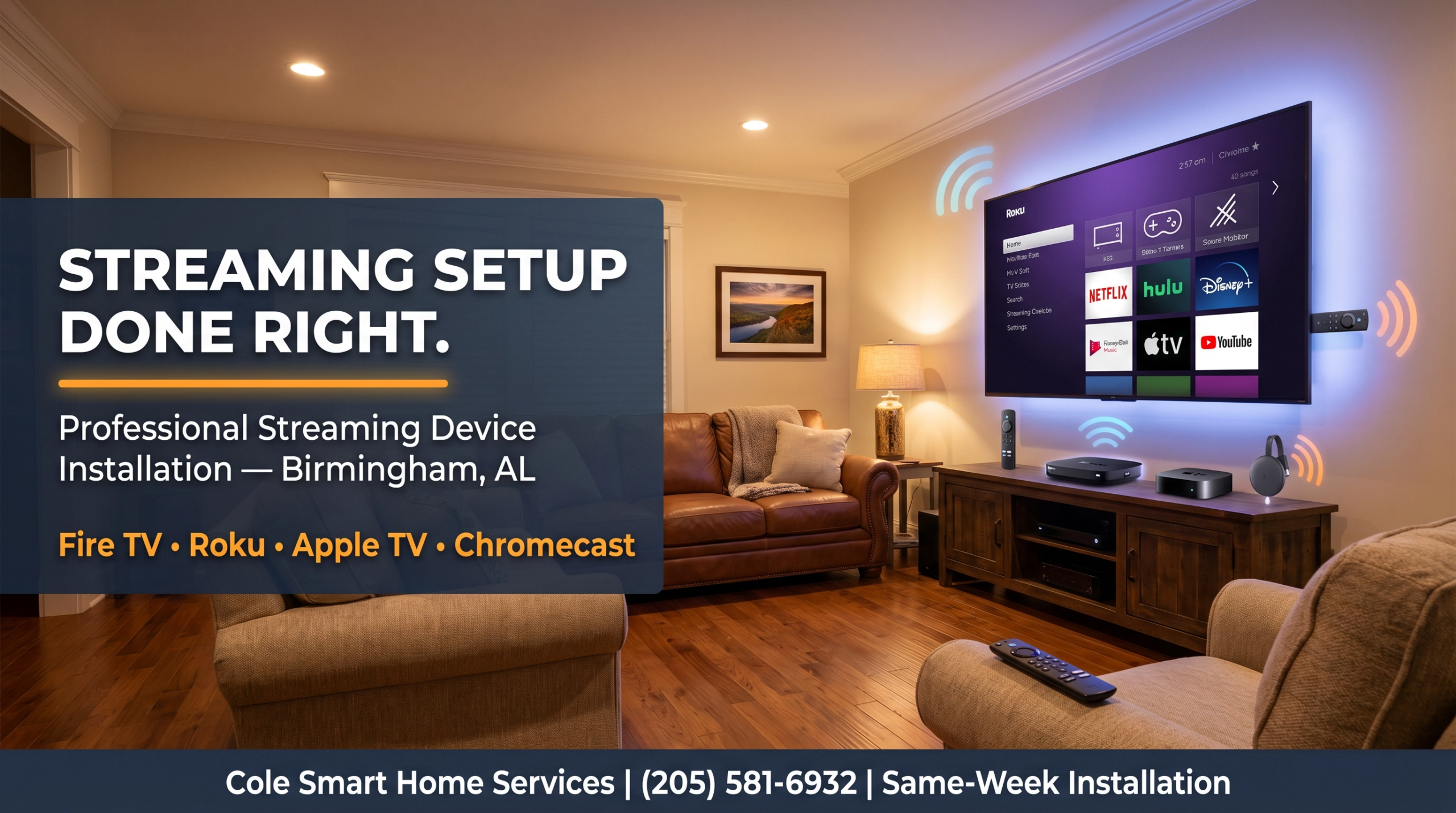 Streaming device setup Birmingham AL - professional Fire TV, Roku, Apple TV and Chromecast installation by Cole Smart Home Services (205) 581-6932