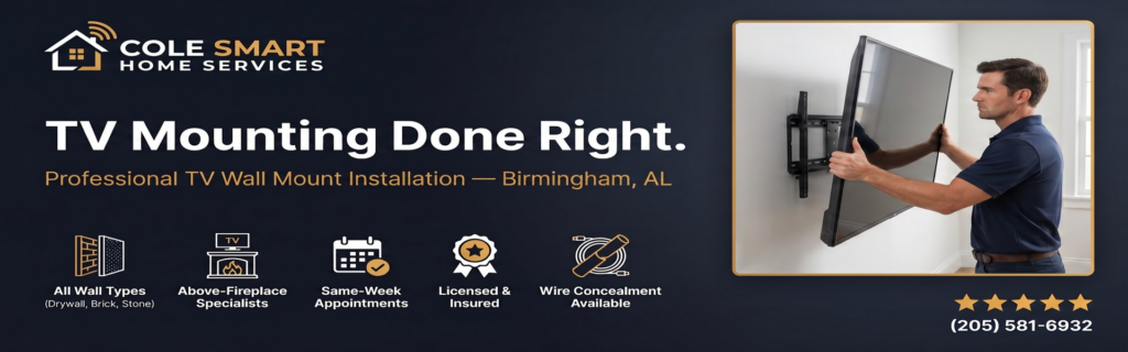 Professional TV mounting Birmingham AL — Cole Smart Home Services installs wall mounts throughout Hoover, Vestavia Hills, Mountain Brook, and the Birmingham metro