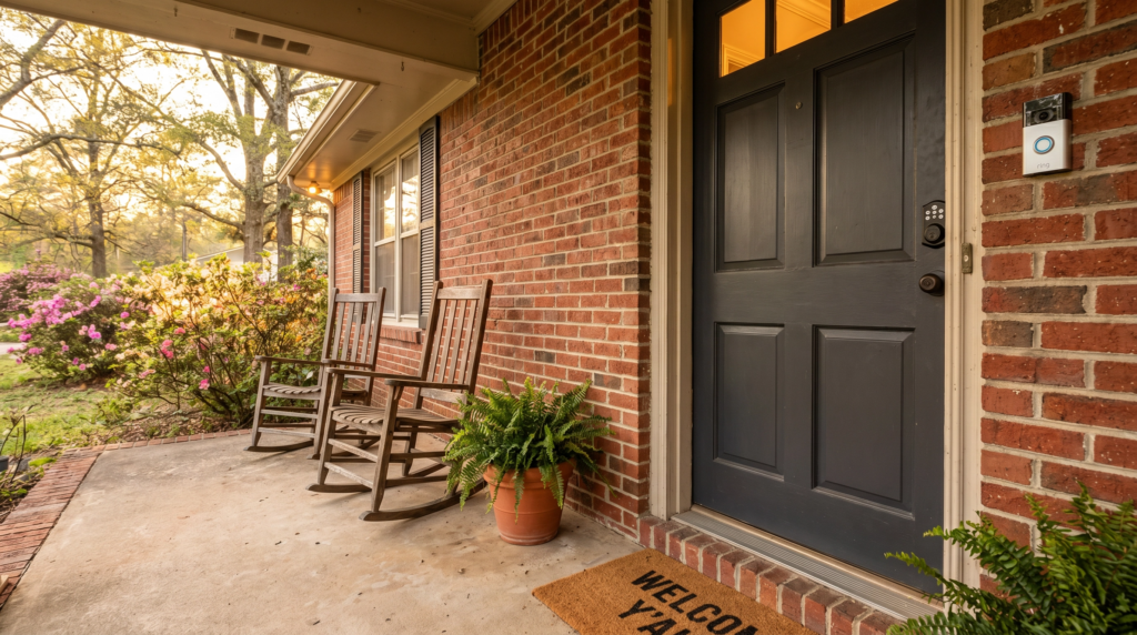 Ring doorbell and smart lock installed on a brick home in Birmingham AL by Cole Smart Home Services