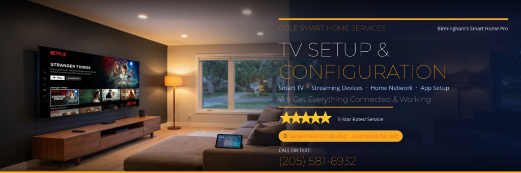 Professional TV setup and configuration service in Birmingham AL — Cole Smart Home Services connects smart TVs, streaming devices and home networks