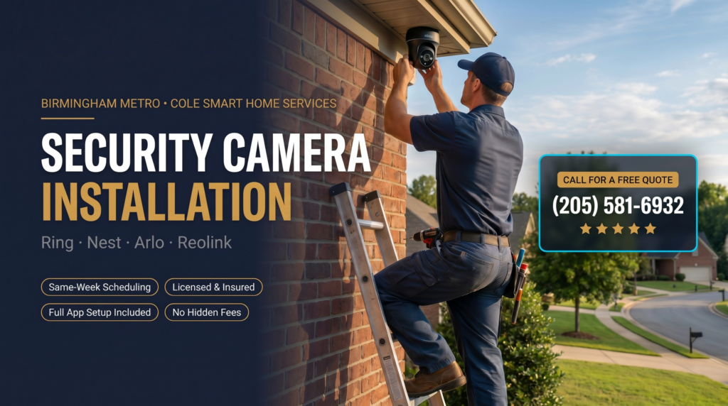 Security camera installation Birmingham AL — Cole Smart Home Services installer mounting dome camera on brick exterior