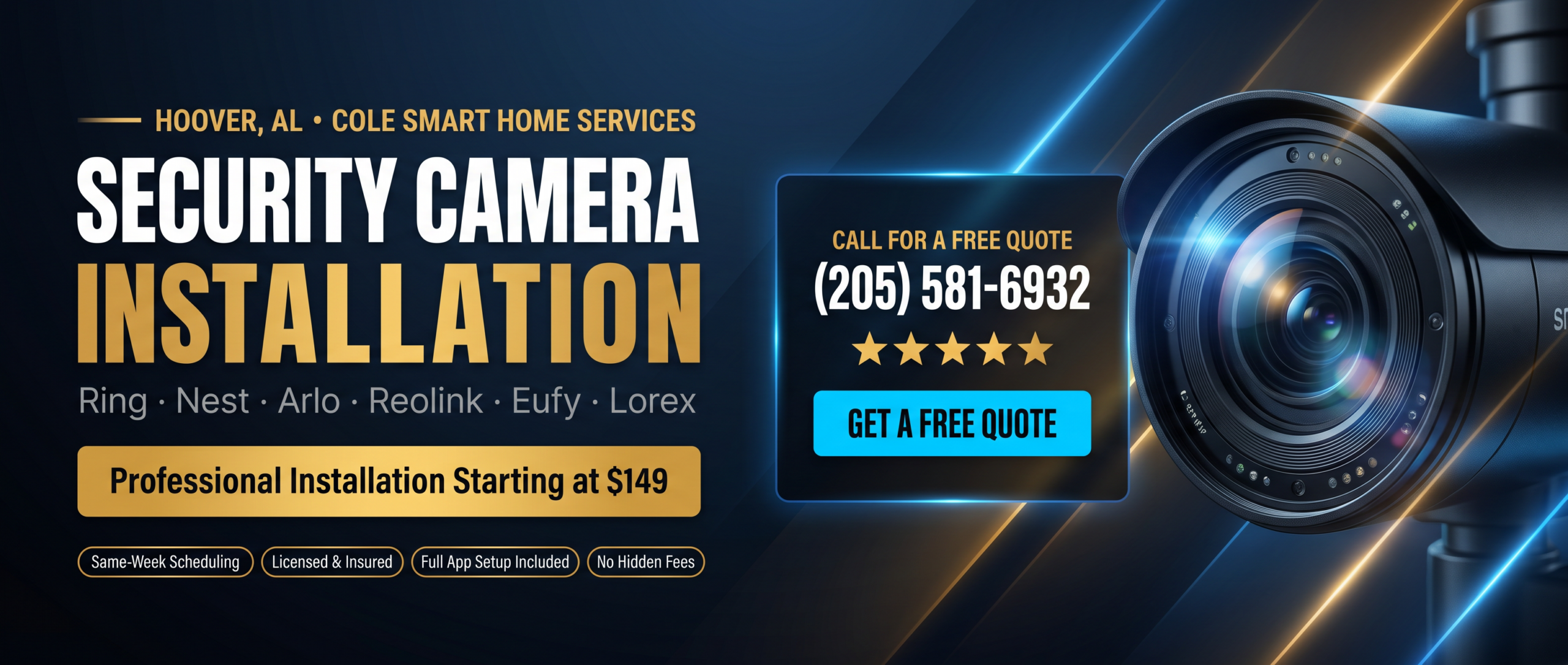 Security camera installation Hoover AL — Bobby Cole installs Ring, Nest, Arlo and Reolink cameras near Hoover Metropolitan Stadium