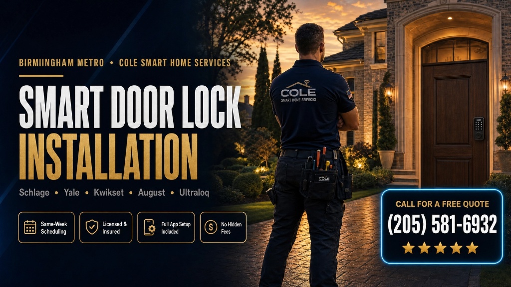 Smart door lock installation Birmingham AL — Bobby Cole installs Yale, Schlage, Ring and Kwikset smart locks throughout Birmingham and surrounding communities