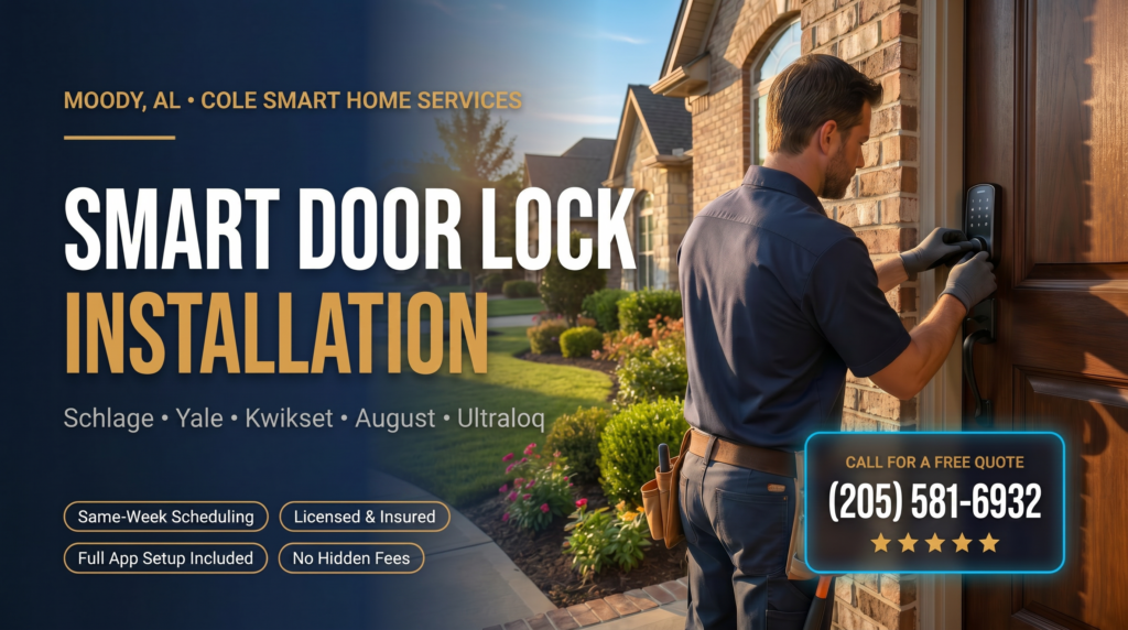 Smart door lock installation Moody AL — Bobby Cole installs Schlage and Yale smart locks near Moody City Center and Logan Martin Lake