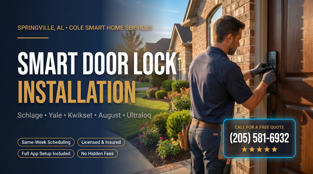 Smart door lock installation Springville AL — Bobby Cole installs Schlage and Yale smart locks near Springville City Center and Lake Guntersville corridor
