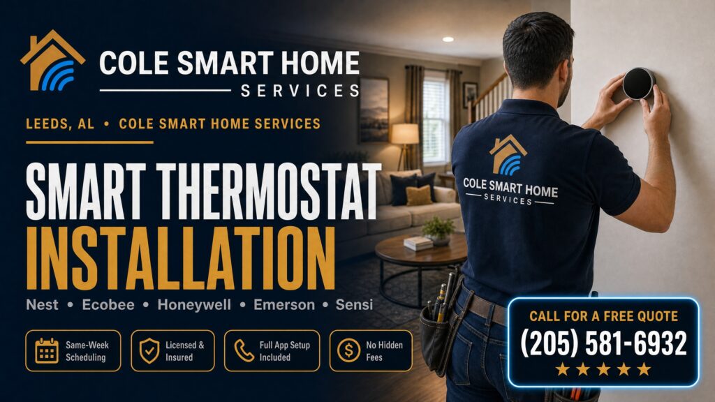 Smart Thermostat Installation Leeds AL — Bobby Cole installs Nest, Ecobee, and Honeywell near Bass Pro Shops at Leeds
