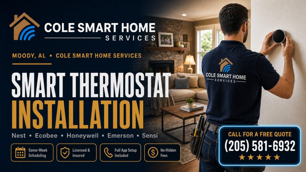 Smart Thermostat Installation Moody AL — Bobby Cole installs Nest, Ecobee, and Honeywell near Moody Civic Park