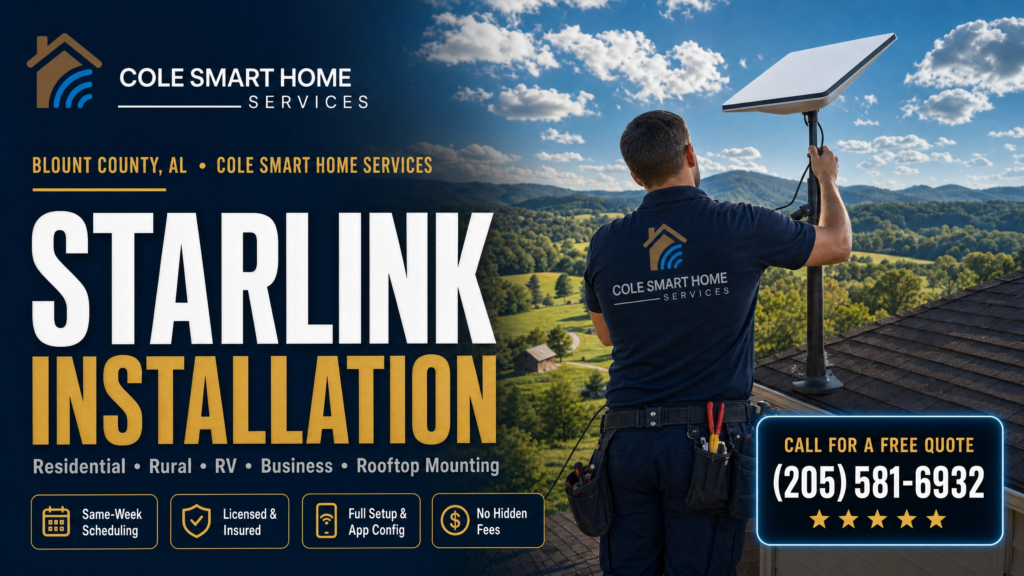 Starlink installation Blount County Alabama — Cole Smart Home Services technician mounting a Starlink dish overlooking rural Blount County hills and woodland