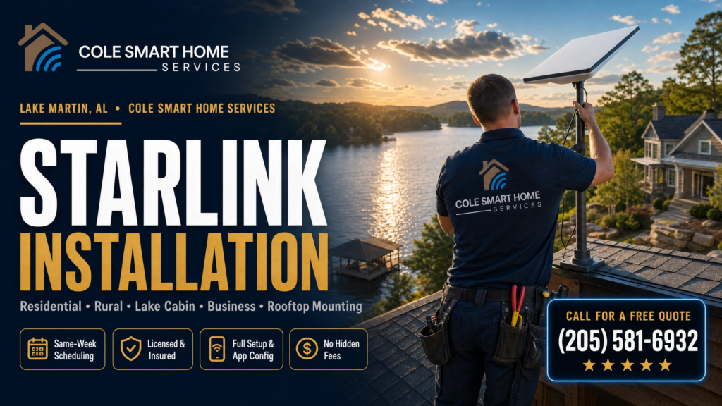 Starlink Installation Lake Martin Alabama — Bobby Cole mounts a Starlink dish at a lake cabin overlooking Lake Martin in Tallapoosa County