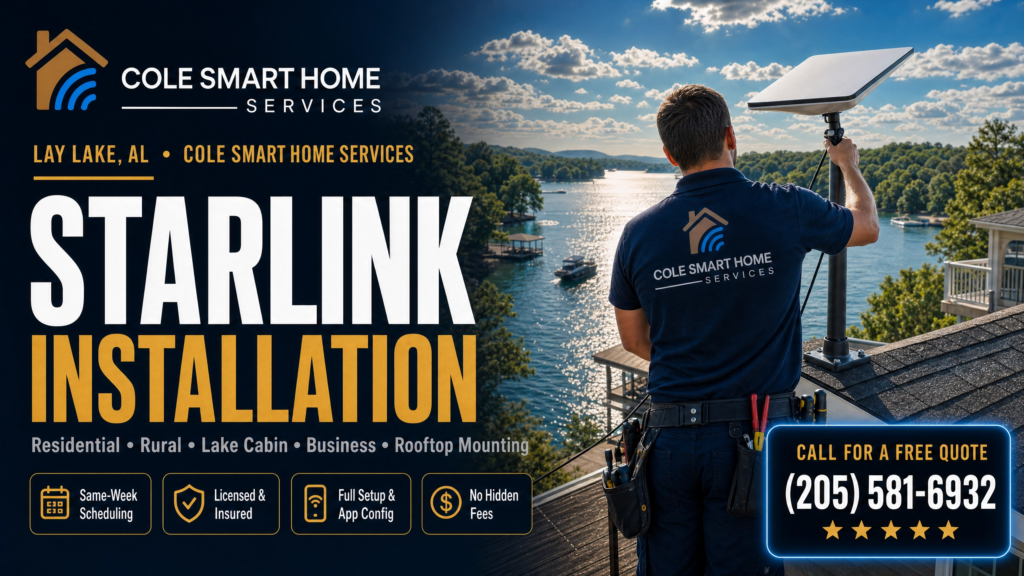Starlink Installation Lay Lake Alabama — Bobby Cole mounts a Starlink dish at a lake cabin overlooking Lay Lake in Shelby County