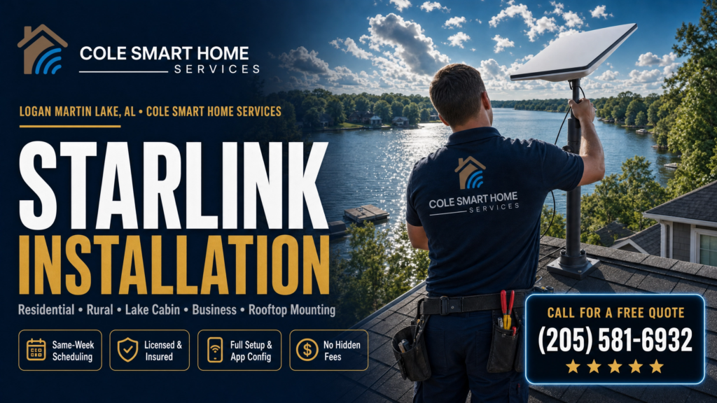 Starlink Installation Logan Martin Lake Alabama — Bobby Cole mounts a Starlink dish at a lake cabin overlooking Logan Martin Lake in St. Clair County