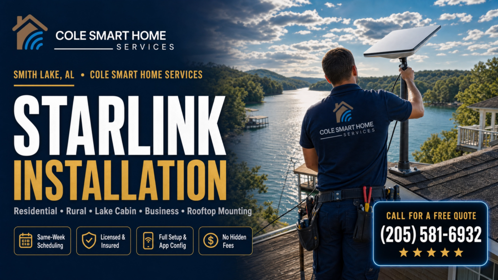 Starlink installation Smith Lake Alabama — Bobby Cole mounts a Starlink dish at a lake cabin overlooking Smith Lake in Walker County