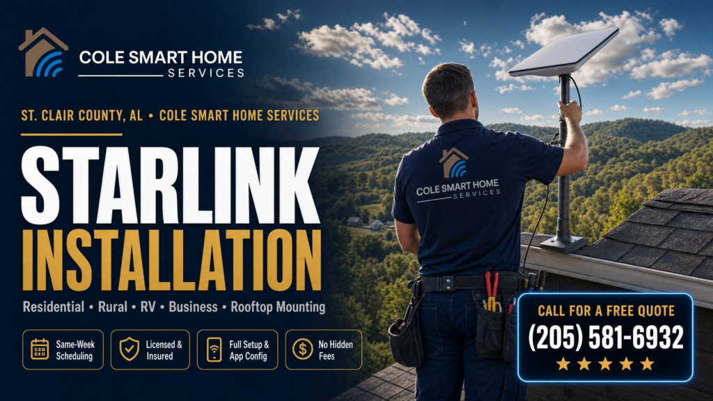 Starlink installation St. Clair County Alabama — Cole Smart Home Services technician mounting a Starlink dish overlooking wooded St. Clair County hills