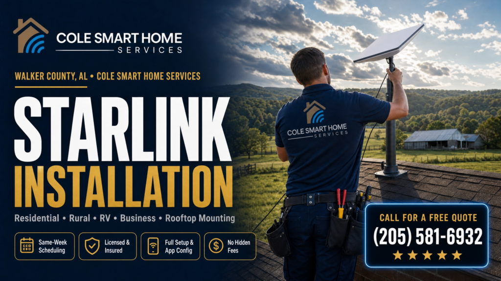 Starlink installation Walker County Alabama — Cole Smart Home Services technician mounting a Starlink dish overlooking rural Walker County farmland