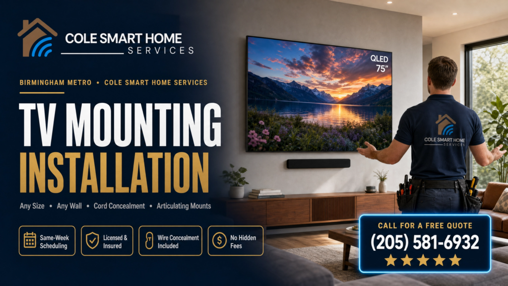 Professional TV mounting Birmingham AL — Cole Smart Home Services installs wall mounts throughout Hoover, Vestavia Hills, Mountain Brook, and the Birmingham metro